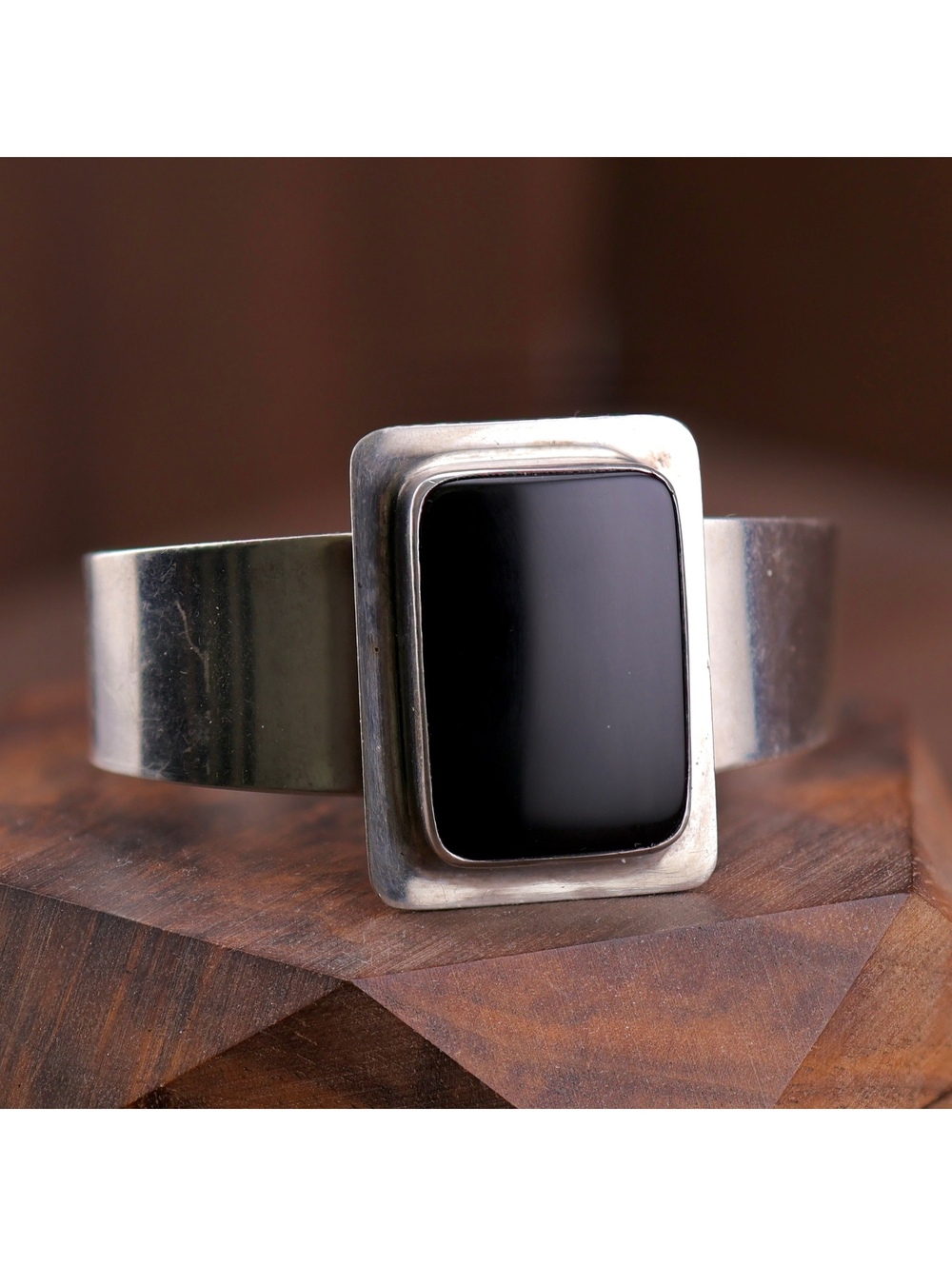 Vintage 925 Sterling Silver Italian Modernist Black Tourmaline Cuff Bracelet